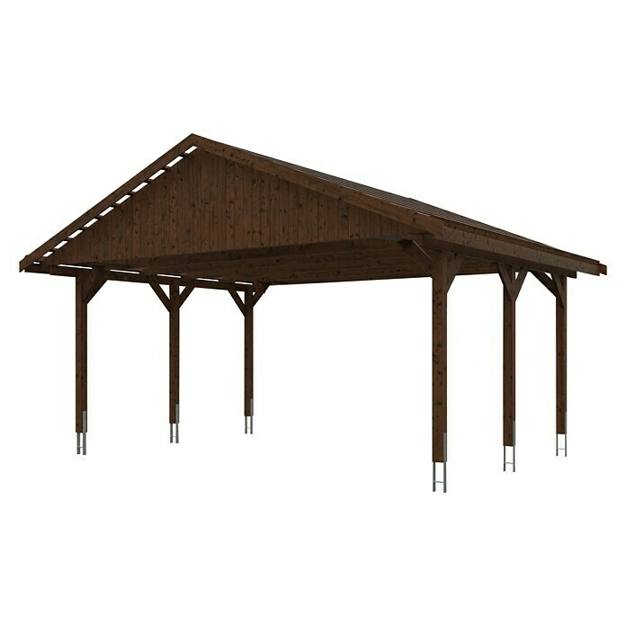 Skan Holz Doppelcarport WallgauL x B: 500 x 620 cm, Einfahrtshöhe: 215 cm, Nussbaum, Dachlatten zur Eindeckung mit Dachziegeln Diagonal View