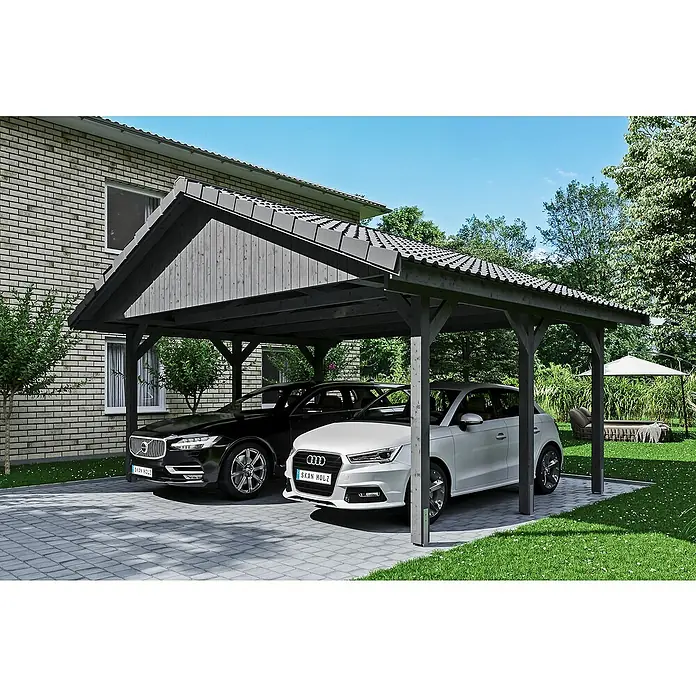 SKAN HOLZ Carport Wallgau - Außenmaß inkl. Dachüberstand (B x T): 6,2 x 5 m, Doppelcarport, Schiefergrau - Ein moderner Doppelcarport aus Holz bietet Schutz für zwei Autos und fügt sich nahtlos in die natürliche Umgebung ein.