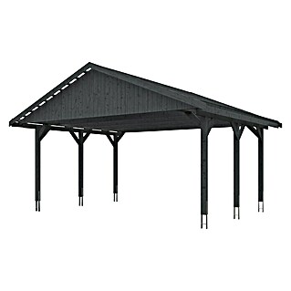 Skan Holz Doppelcarport Wallgau (L x B: 500 x 620 cm, Einfahrtshöhe: 215 cm, Schiefergrau, Dachlatten zur Eindeckung mit Dachziegeln)