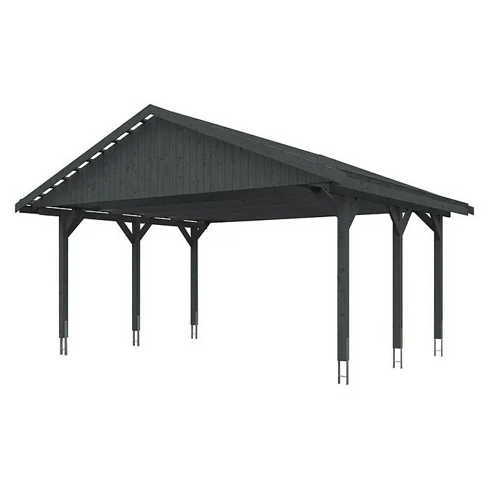 SKAN HOLZ Carport Wallgau - Außenmaß inkl. Dachüberstand (B x T): 6,2 x 5 m, Doppelcarport, Schiefergrau - Das Bild zeigt ein graues Carport mit einem Giebeldach und mehreren Stützpfeilern. Ideal für den Schutz von Fahrzeugen vor Witterungseinflüssen.