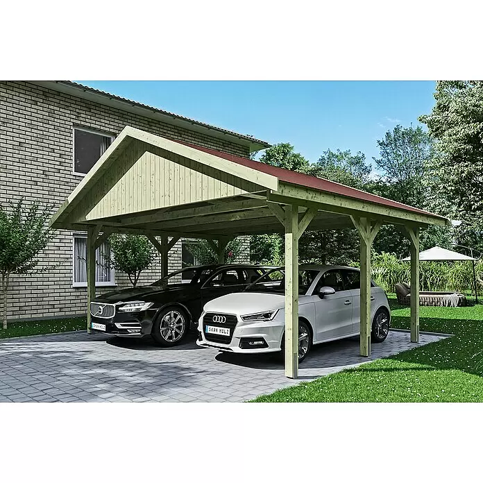 SKAN HOLZ Carport Wallgau - Außenmaß inkl. Dachüberstand (B x T): 6,2 x 5 m, Doppelcarport, Farbe Dach: Rot - Anwendungsbeispiel