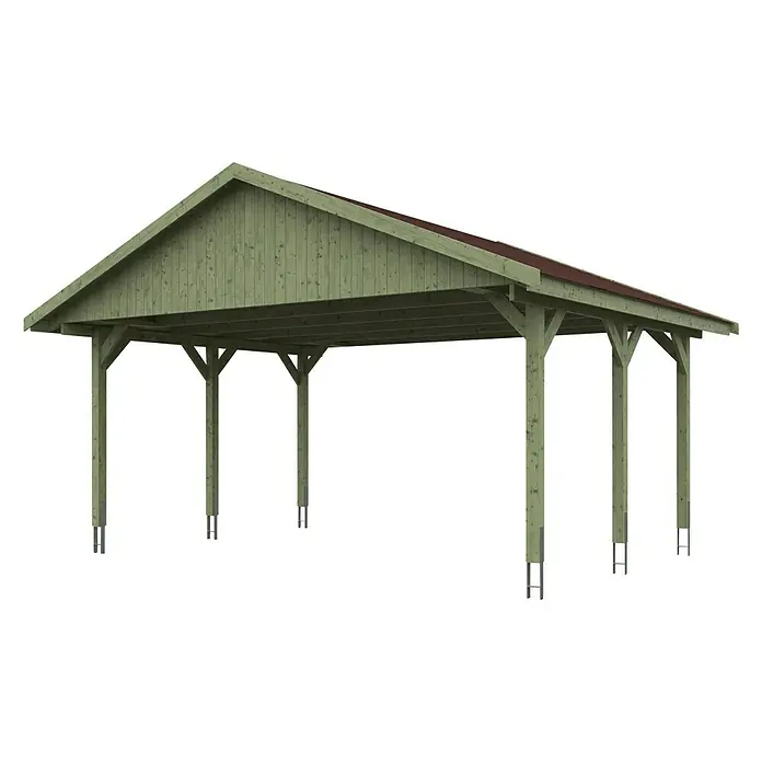SKAN HOLZ Carport Wallgau - Außenmaß inkl. Dachüberstand (B x T): 6,2 x 5 m, Doppelcarport, Farbe Dach: Rot - Ein Carport mit einem Giebeldach und stabilen Stützpfeilern, ideal zum Schutz Ihres Fahrzeugs vor Witterungseinflüssen.