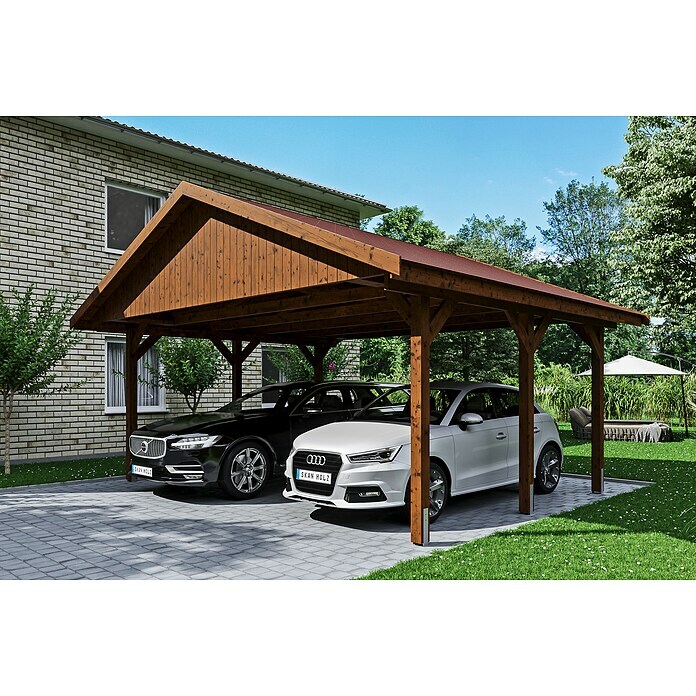 Skan Holz Carport Wallgau (Außenmaß inkl. Dachüberstand (B x T): 6,2 x 5 m, Doppelcarport, Nussbaum, Rote Bitumenschindeln) | BAUHAUS