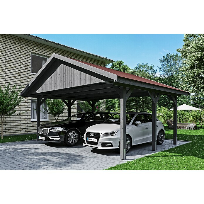 Skan Holz Carport Wallgau (Außenmaß inkl. Dachüberstand (B x T): 6,2 x 5 m, Doppelcarport, Schiefergrau, Rote Bitumenschindeln) | BAUHAUS