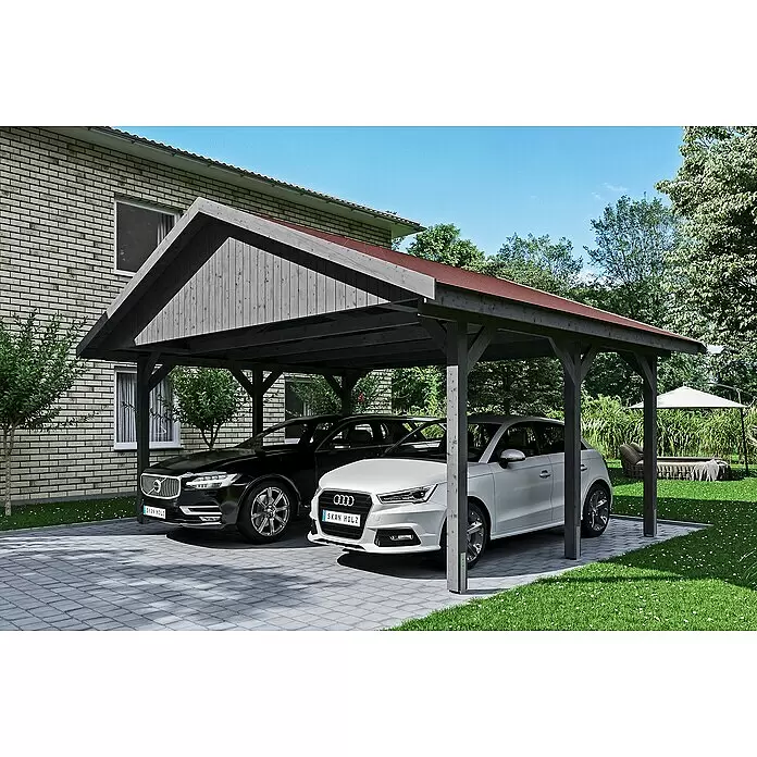 SKAN HOLZ Carport Wallgau - Außenmaß inkl. Dachüberstand (B x T): 6,2 x 5 m, Doppelcarport, Schiefergrau, Rote Bitumenschindeln - Anwendungsbeispiel