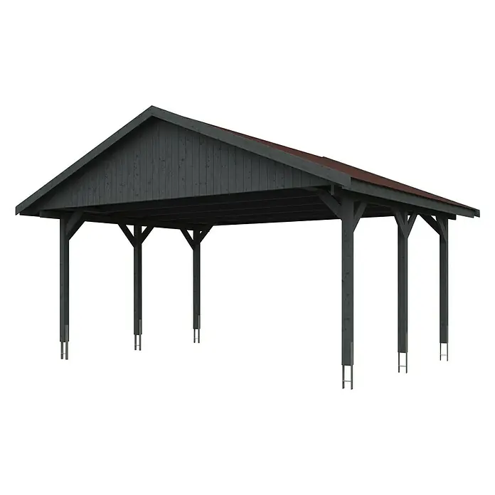 SKAN HOLZ Carport Wallgau - Außenmaß inkl. Dachüberstand (B x T): 6,2 x 5 m, Doppelcarport, Schiefergrau, Rote Bitumenschindeln - Abbildung eines stilvollen Holzcarports, ideal als Wetterschutz für Fahrzeuge. Die robuste Konstruktion bietet zuverlässigen Schutz vor Witterungseinflüssen.