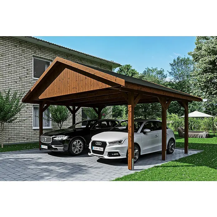 SKAN HOLZ Carport Wallgau - Außenmaß inkl. Dachüberstand (B x T): 6,2 x 5 m, Doppelcarport, Nussbaum, Schwarze Bitumenschindeln - Carport aus Holz für zwei Autos. Das Carport bietet Schutz vor Witterungseinflüssen und sorgt für einen stilvollen Unterstand der Fahrzeuge.