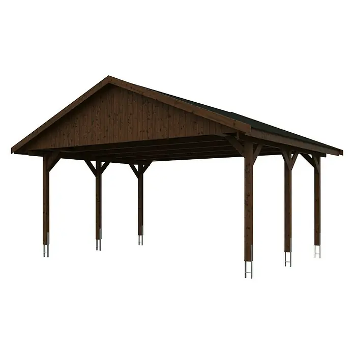 SKAN HOLZ Carport Wallgau - Außenmaß inkl. Dachüberstand (B x T): 6,2 x 5 m, Doppelcarport, Nussbaum, Schwarze Bitumenschindeln - Detailliertes Bild eines braunen Holzcarports mit stabilen Pfosten und einem soliden Dach, ideal für den Schutz von Fahrzeugen oder als Unterstand.