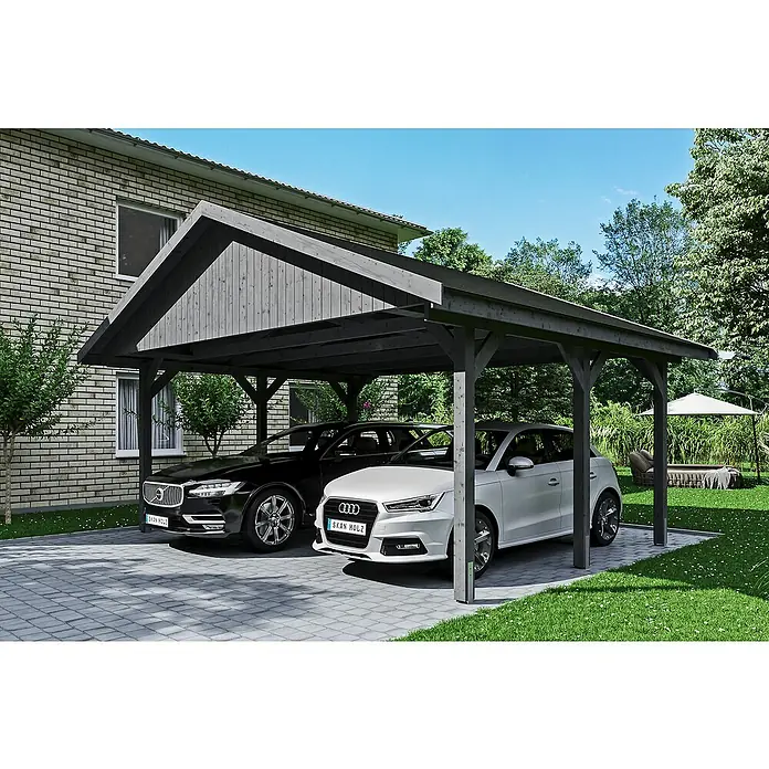 SKAN HOLZ Carport Wallgau - Außenmaß inkl. Dachüberstand (B x T): 6,2 x 5 m, Doppelcarport, Schiefergrau, Schwarze Bitumenschindeln - Ein Doppelcarport aus Holz bietet Platz für zwei Autos und schützt vor Witterungseinflüssen.