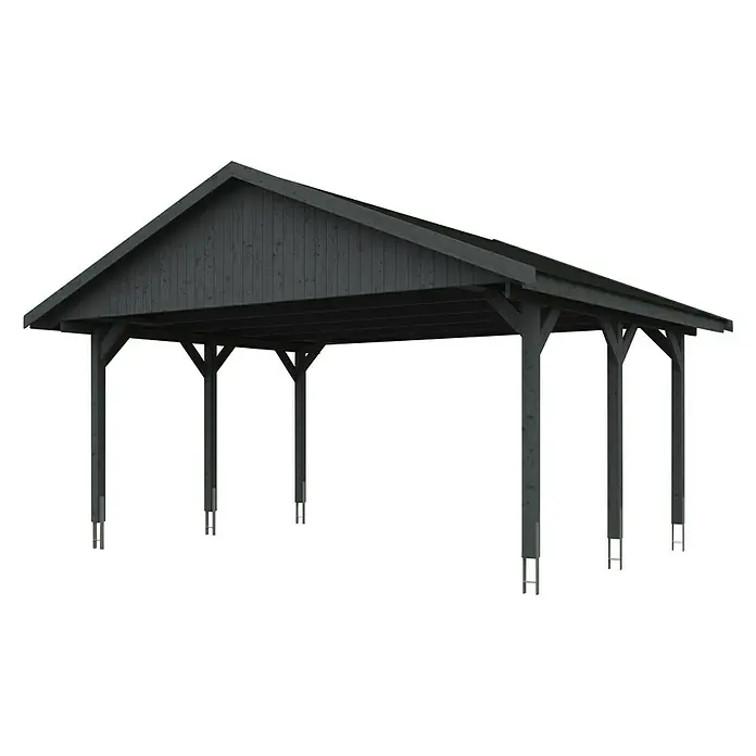 SKAN HOLZ Carport Wallgau - Außenmaß inkl. Dachüberstand (B x T): 6,2 x 5 m, Doppelcarport, Schiefergrau, Schwarze Bitumenschindeln - Eine dunkle Holzkonstruktion mit Dach. Ideal für Carport oder überdachte Terrasse, bietet Schutz vor Sonne und Regen.