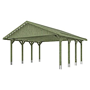 Skan Holz Carport Wallgau (Außenmaß inkl. Dachüberstand (B x T): 6,2 x 6 m, Doppelcarport, Grün, Dachlatten zur Eindeckung mit Dachziegeln)