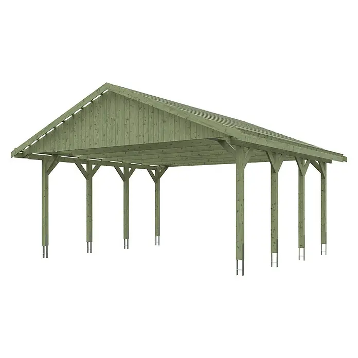 SKAN HOLZ Carport Wallgau - Außenmaß inkl. Dachüberstand (B x T): 6,2 x 6 m, Doppelcarport, Grün, Dachlatten zur Eindeckung mit Dachziegeln - Ansicht einer Holzkonstruktion mit überdachtem Bereich, ideal für den Außenbereich und zur Beschattung. Das Produkt ist aus Holz gefertigt.