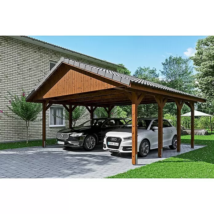 SKAN HOLZ Carport Wallgau - Außenmaß inkl. Dachüberstand (B x T): 6,2 x 6 m, Doppelcarport, Nussbaum, Dachlatten zur Eindeckung mit Dachziegeln - Anwendungsbeispiel