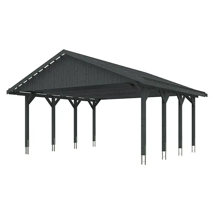 SKAN HOLZ Carport Wallgau - Außenmaß inkl. Dachüberstand (B x T): 6,2 x 6 m, Doppelcarport, Schiefergrau, Dachlatten zur Eindeckung mit Dachziegeln - Abbildung eines stilvollen Carports mit dunklem Holzrahmen, das Schutz und Eleganz für jeden Außenbereich bietet.