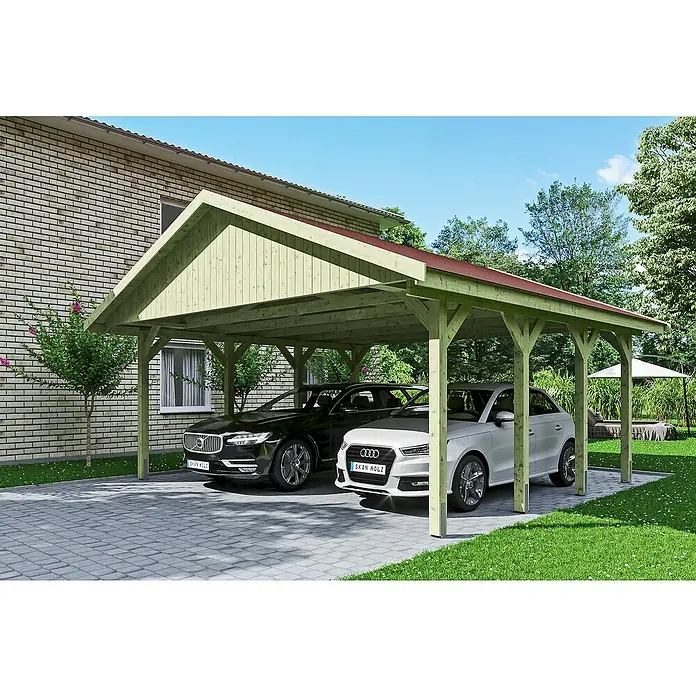 SKAN HOLZ Carport Wallgau - Außenmaß inkl. Dachüberstand (B x T): 6,2 x 6 m, Einzelcarport, Grün, Farbe Dach: Rot - Ein geräumiger Doppelcarport von SKAN HOLZ mit zwei geparkten Autos. Ideal für den Schutz Ihrer Fahrzeuge vor Witterungseinflüssen.