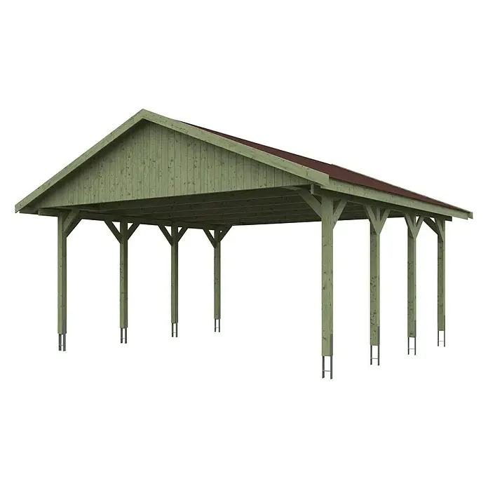 SKAN HOLZ Carport Wallgau - Außenmaß inkl. Dachüberstand (B x T): 6,2 x 6 m, Einzelcarport, Grün, Farbe Dach: Rot - Ein Carport aus Holz mit rotem Dach bietet Schutz für Fahrzeuge. Das robuste Design fügt sich nahtlos in jede Umgebung ein.