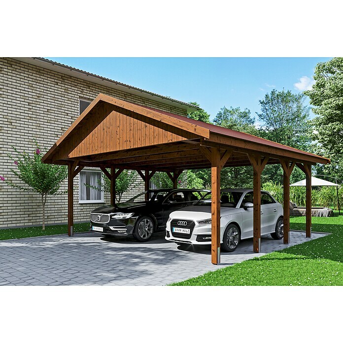 Skan Holz Carport Wallgau (Außenmaß inkl. Dachüberstand (B x T): 6,2 x 6 m, Doppelcarport, Nussbaum, Rote Bitumenschindeln)
