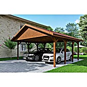 SKAN HOLZ Carport Wallgau (Außenmaß inkl. Dachüberstand (B x T): 6,2 x 6 m, Doppelcarport, Nussbaum, Rote Bitumenschindeln) | BAUHAUS