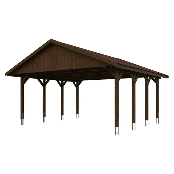 SKAN HOLZ Carport Wallgau - Außenmaß inkl. Dachüberstand (B x T): 6,2 x 6 m, Doppelcarport, Nussbaum, Rote Bitumenschindeln - Holzunterstand: Ein geräumiger Holzunterstand mit Satteldach auf mehreren Pfosten mit Metallbefestigungen auf einem schwarzen Hintergrund.