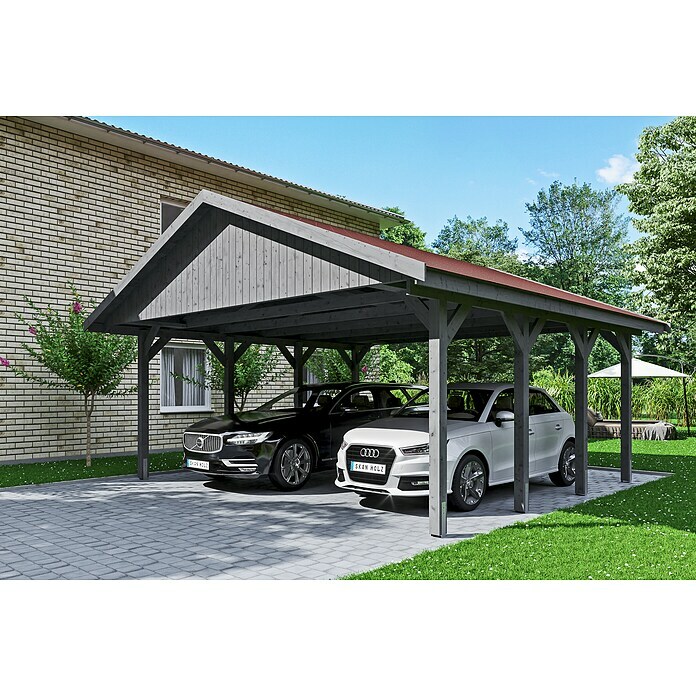 Skan Holz Carport Wallgau (Außenmaß inkl. Dachüberstand (B x T): 6,2 x 6 m, Doppelcarport, Schiefergrau, Rote Bitumenschindeln)