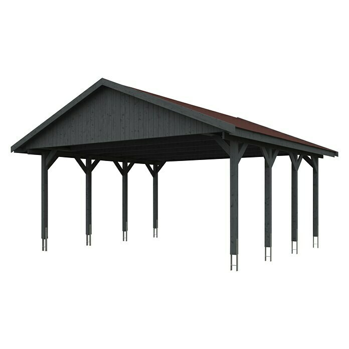 Skan Holz Carport Wallgau (Außenmaß inkl. Dachüberstand (B x T): 6,2 x 6 m, Doppelcarport, Schiefergrau, Rote Bitumenschindeln) | BAUHAUS