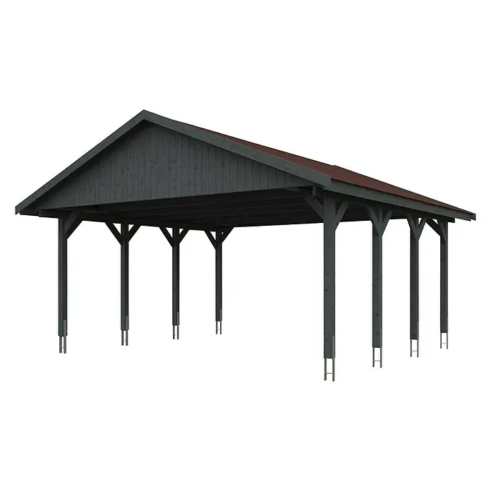 SKAN HOLZ Carport Wallgau - Außenmaß inkl. Dachüberstand (B x T): 6,2 x 6 m, Doppelcarport, Schiefergrau, Rote Bitumenschindeln - Eine elegante, dunkelgraue Holzüberdachung mit einem rötlichen Dach, ideal für Gärten oder Terrassen, die zusätzlichen Schutz bietet.