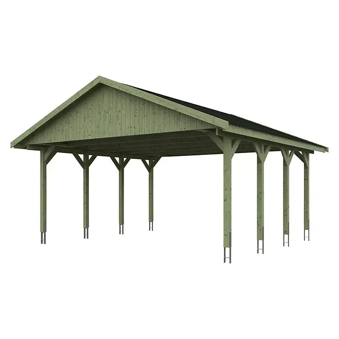 SKAN HOLZ Carport Wallgau - Außenmaß inkl. Dachüberstand (B x T): 6,2 x 6 m, Einzelcarport, Grün, Farbe Dach: Schwarz - Ein Carport mit Holzbalkenkonstruktion und schwarzem Dach, ideal zum Schutz von Fahrzeugen vor Witterungseinflüssen. Stabiles und ästhetisches Design.