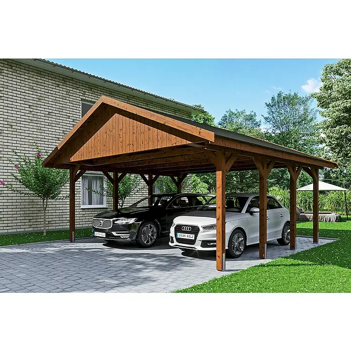 SKAN HOLZ Carport Wallgau - Außenmaß inkl. Dachüberstand (B x T): 6,2 x 6 m, Doppelcarport, Nussbaum - Ein Carport aus Holz mit zwei geparkten Autos darunter. Das Holz ist in einem warmen Braunton gehalten.
