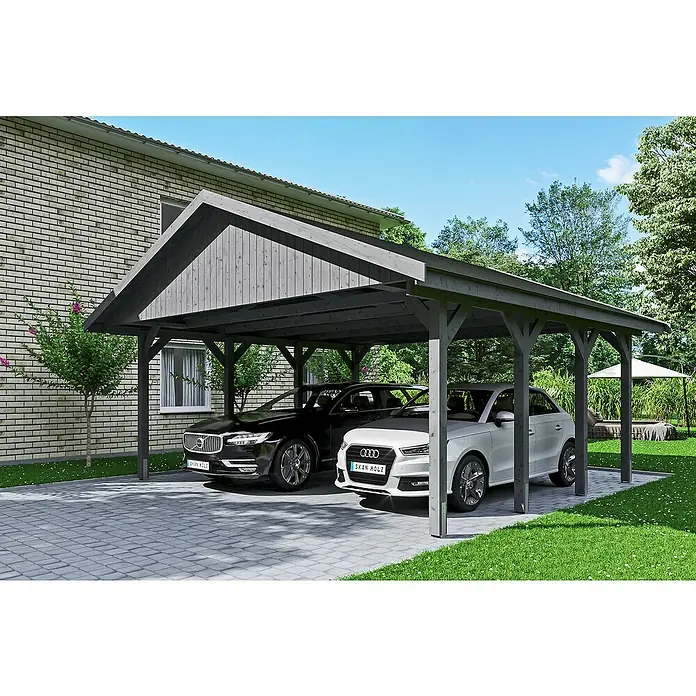 SKAN HOLZ Carport Wallgau - Außenmaß inkl. Dachüberstand (B x T): 6,2 x 6 m, Doppelcarport, Schiefergrau, Schwarze Bitumenschindeln - Doppelcarport aus Holz mit zwei Autos. Der Carport schützt die Fahrzeuge vor Witterungseinflüssen und bietet eine stilvolle Unterstellmöglichkeit.