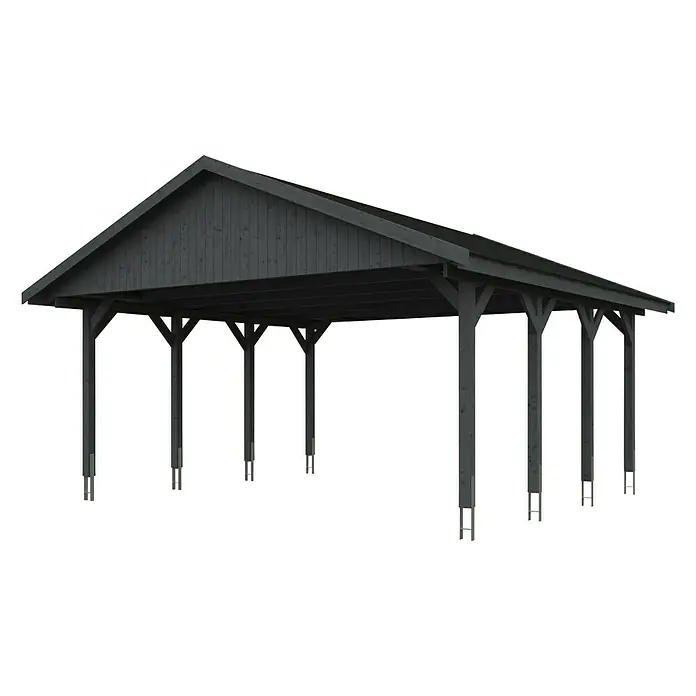 SKAN HOLZ Carport Wallgau - Außenmaß inkl. Dachüberstand (B x T): 6,2 x 6 m, Doppelcarport, Schiefergrau, Schwarze Bitumenschindeln - Eine dunkle Holzpergola mit einem schrägen Dach, ideal für den Außenbereich. Die Pergola bietet Schatten und Schutz.