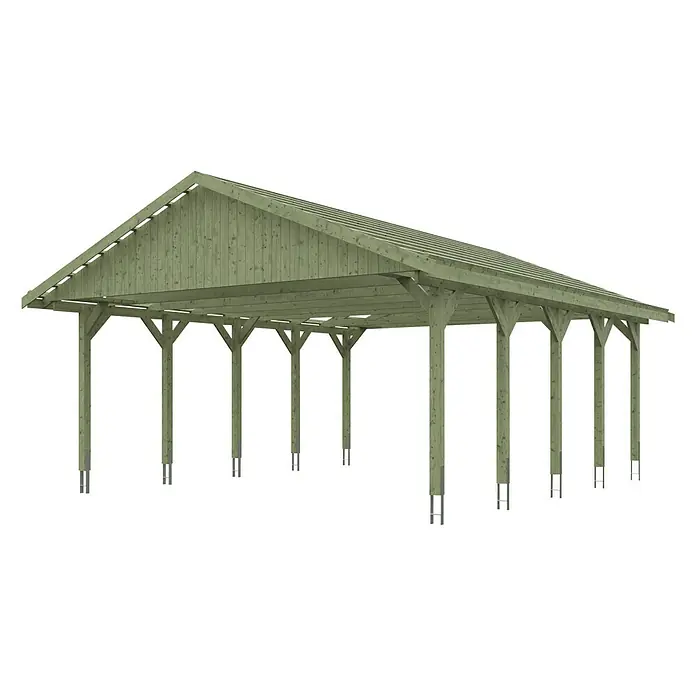SKAN HOLZ Carport Wallgau - Außenmaß inkl. Dachüberstand (B x T): 6,2 x 7,5 m, Doppelcarport, Grün, Dachlatten zur Eindeckung mit Dachziegeln - Ein Carport aus Holz mit einem Satteldach und mehreren Stützpfeilern. Es bietet Schutz für Fahrzeuge oder als Unterstand.