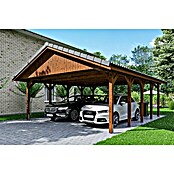 Skan Holz Carport Wallgau (Außenmaß inkl. Dachüberstand (B x T): 6,2 x 7,5 m, Doppelcarport, Nussbaum, Dachlatten zur Eindeckung mit Dachziegeln) | BAUHAUS