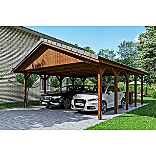 Skan Holz Carport Wallgau (Außenmaß inkl. Dachüberstand (B x T): 6,2 x 7,5 m, Doppelcarport, Nussbaum, Dachlatten zur Eindeckung mit Dachziegeln)