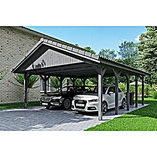 Skan Holz Carport Wallgau (Außenmaß inkl. Dachüberstand (B x T): 6,2 x 7,5 m, Doppelcarport, Schiefergrau, Dachlatten zur Eindeckung mit Dachziegeln)