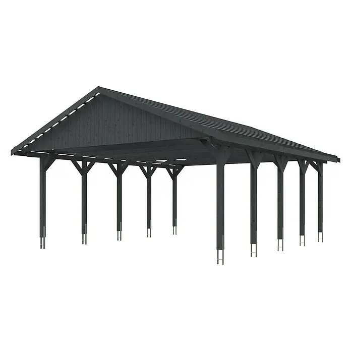 SKAN HOLZ Carport Wallgau - Außenmaß inkl. Dachüberstand (B x T): 6,2 x 7,5 m, Doppelcarport, Schiefergrau, Dachlatten zur Eindeckung mit Dachziegeln - Ein dunkler Holzpavillon mit schrägen Dach und stabilen Säulen bietet Schutz und Schatten im Garten.