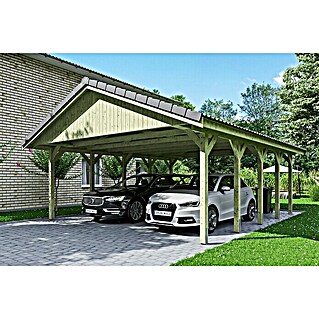 Skan Holz Carport Wallgau (Außenmaß inkl. Dachüberstand (B x T): 6,2 x 7,5 m, Doppelcarport, Grün, Dachlatten zur Eindeckung mit Dachziegeln)