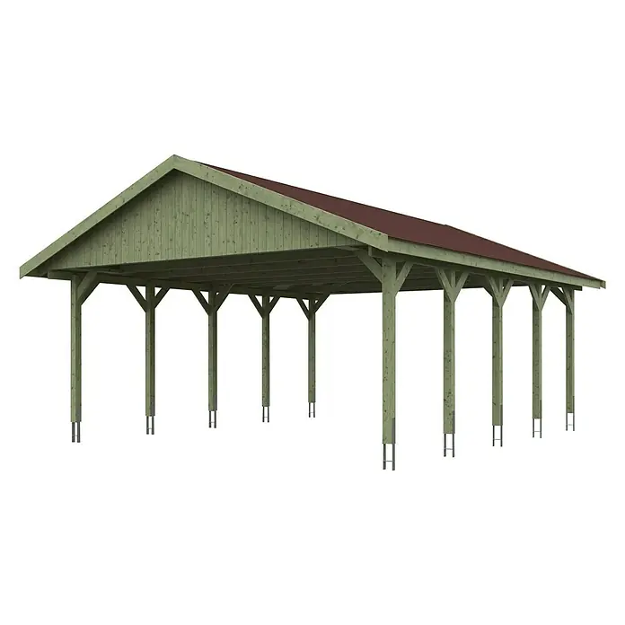SKAN HOLZ Carport Wallgau - Außenmaß inkl. Dachüberstand (B x T): 6,2 x 7,5 m, Doppelcarport, Farbe Dach: Rot - Stilvoller Holzunterstand mit rotem Dach, ideal als Carport oder für wettergeschützte Lagerung im Freien. Robust und ästhetisch ansprechend.