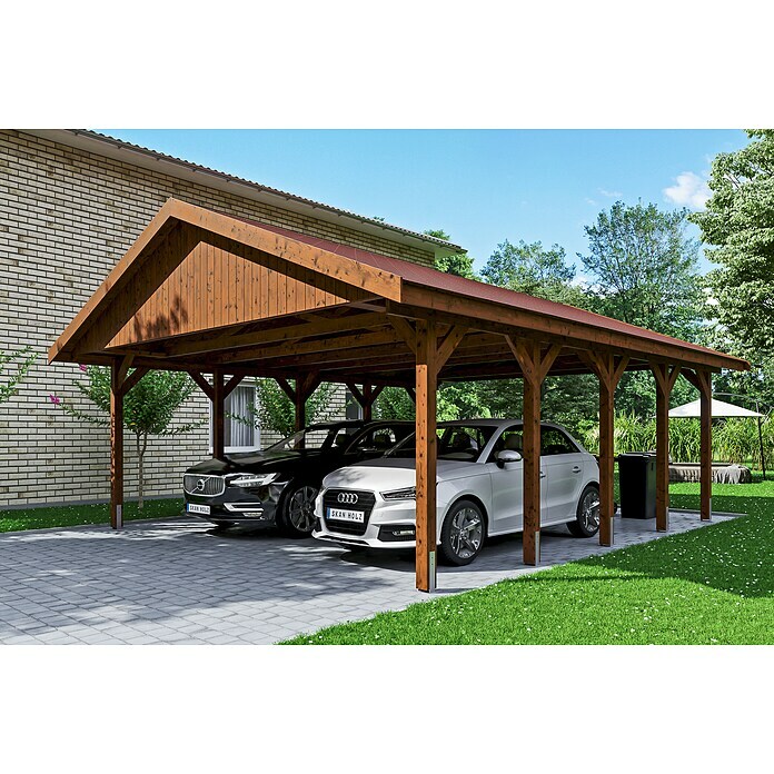 Skan Holz Carport Wallgau (Außenmaß inkl. Dachüberstand (B x T): 6,2 x 7,5 m, Doppelcarport, Nussbaum, Rote Bitumenschindeln)