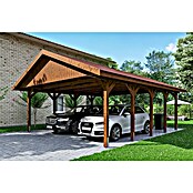 SKAN HOLZ Carport Wallgau (Außenmaß inkl. Dachüberstand (B x T): 6,2 x 7,5 m, Doppelcarport, Nussbaum, Rote Bitumenschindeln) | BAUHAUS