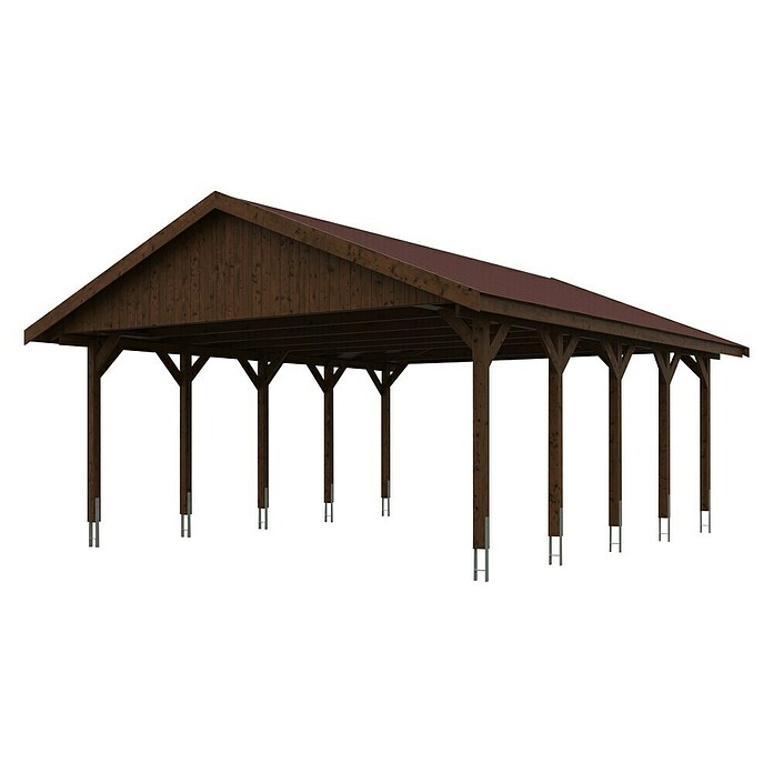 SKAN HOLZ Carport Wallgau (Außenmaß inkl. Dachüberstand (B x T): 6,2 x 7,5 m, Doppelcarport, Nussbaum, Rote Bitumenschindeln) | BAUHAUS