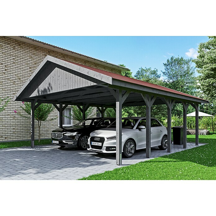 Skan Holz Carport Wallgau (Außenmaß inkl. Dachüberstand (B x T): 6,2 x 7,5 m, Doppelcarport, Schiefergrau, Rote Bitumenschindeln)