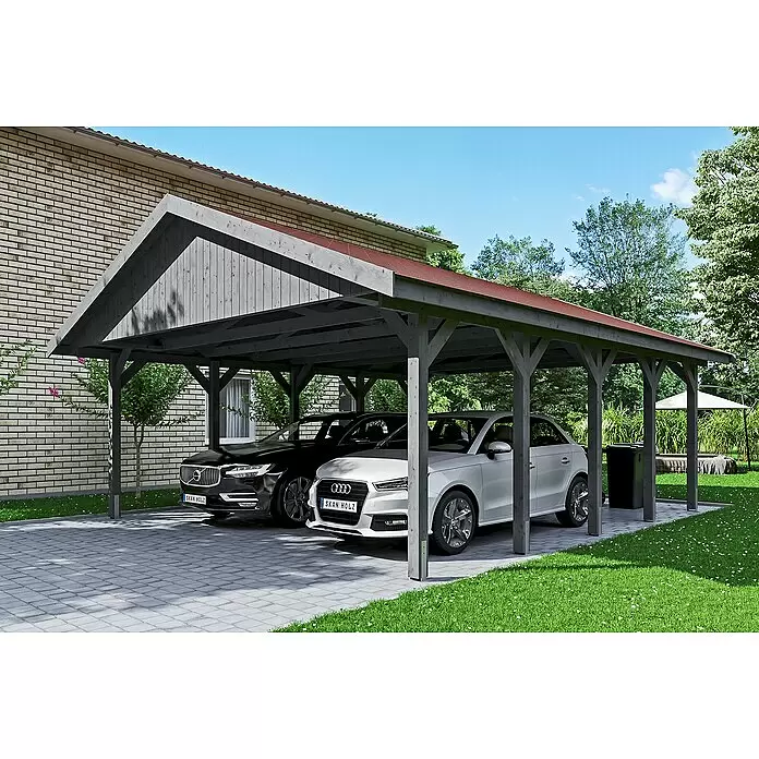 SKAN HOLZ Carport Wallgau - Außenmaß inkl. Dachüberstand (B x T): 6,2 x 7,5 m, Doppelcarport, Schiefergrau, Rote Bitumenschindeln - Anwendungsbeispiel