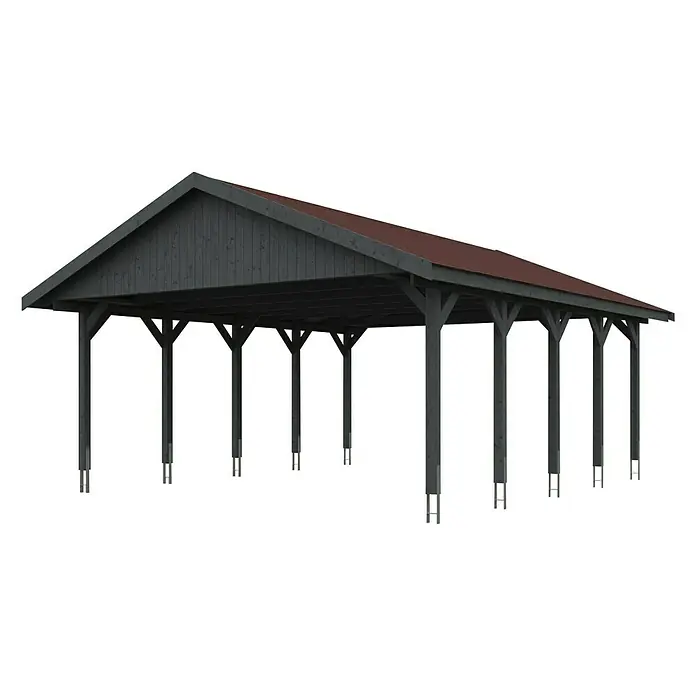 SKAN HOLZ Carport Wallgau - Außenmaß inkl. Dachüberstand (B x T): 6,2 x 7,5 m, Doppelcarport, Schiefergrau, Rote Bitumenschindeln - Ein geräumiger Carport mit dunklem Holzrahmen und rotem Dach bietet Schutz und Stil für jedes Zuhause. Solide Bauweise und modernes Design vereinen sich.