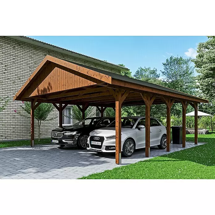 SKAN HOLZ Carport Wallgau - Außenmaß inkl. Dachüberstand (B x T): 6,2 x 7,5 m, Doppelcarport, Nussbaum - Anwendungsbeispiel