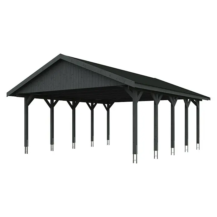 SKAN HOLZ Carport Wallgau - Außenmaß inkl. Dachüberstand (B x T): 6,2 x 7,5 m, Doppelcarport, Schiefergrau, Schwarze Bitumenschindeln - Eine dunkle Holzkonstruktion mit einem schrägen Dach und vielen Stützpfeilern. Ideal als Unterstand oder Carport geeignet.