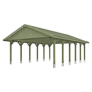 Skan Holz Doppelcarport Wallgau (L x B: 900 x 620 cm, Einfahrtshöhe: 215 cm, Grün, Dachlatten zur Eindeckung mit Dachziegeln)