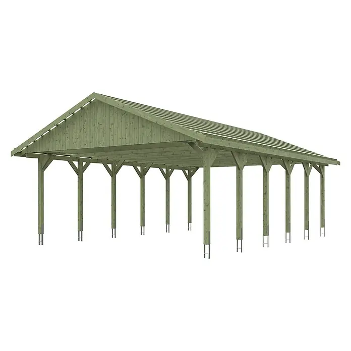 SKAN HOLZ Carport Wallgau - Außenmaß inkl. Dachüberstand (B x T): 6,2 x 9 m, Doppelcarport, Grün - Dieses Bild zeigt eine große, freistehende Holzkonstruktion, die als Carport oder Unterstand dienen kann. Die Holzstruktur ist stabil und offen.