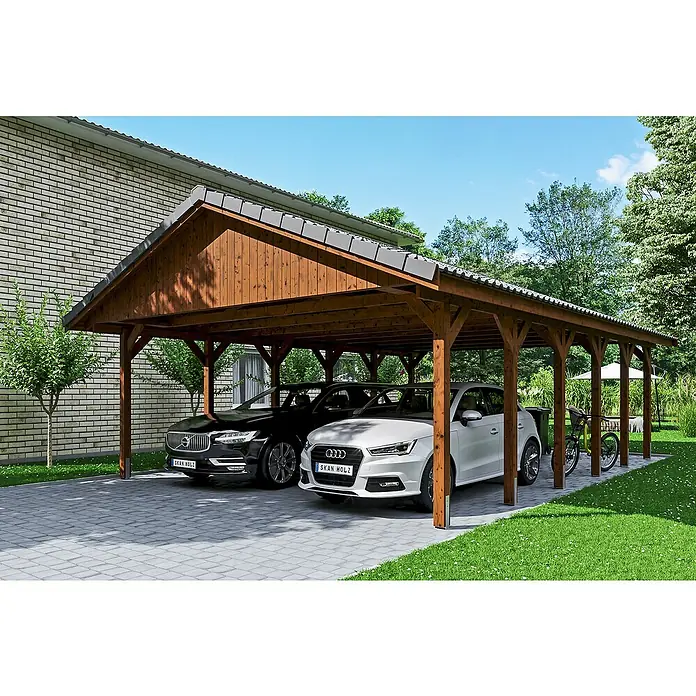 SKAN HOLZ Carport Wallgau - Außenmaß inkl. Dachüberstand (B x T): 6,2 x 9 m, Doppelcarport, Nussbaum - Ein geräumiger SKAN HOLZ Carport bietet Platz für zwei Autos und schützt sie vor Witterungseinflüssen. Praktisch und stilvoll!