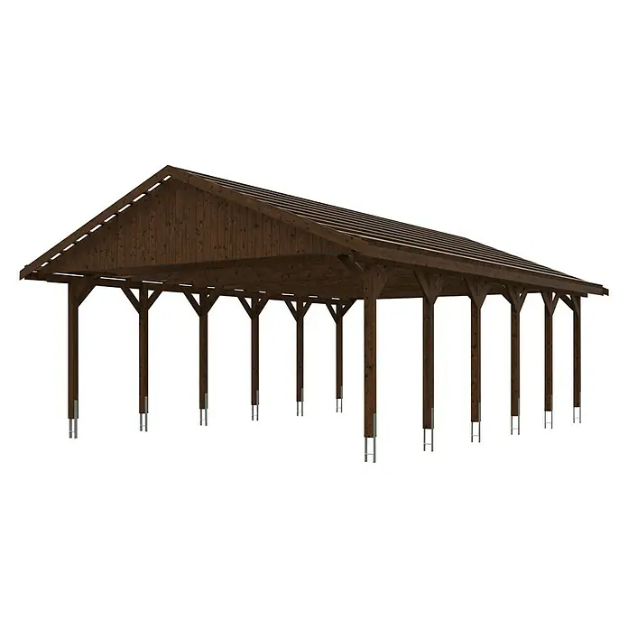 SKAN HOLZ Carport Wallgau - Außenmaß inkl. Dachüberstand (B x T): 6,2 x 9 m, Doppelcarport, Nussbaum - Hölzerner Pavillon mit Giebeldach und stabilen Stützen für den Außenbereich. Ideal als Unterstand für Fahrzeuge oder als Veranstaltungsort.