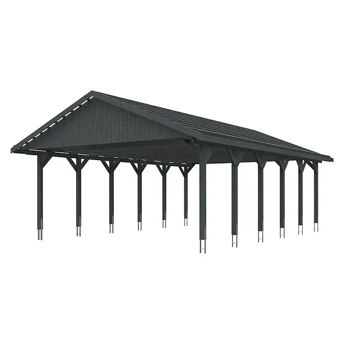 SKAN HOLZ Carport Wallgau - Außenmaß inkl. Dachüberstand (B x T): 6,2 x 9 m, Doppelcarport, Schiefergrau - Diese Abbildung zeigt einen freistehenden Pavillon mit einem grauen Dach und mehreren Stützpfeilern, ideal für den Außenbereich.